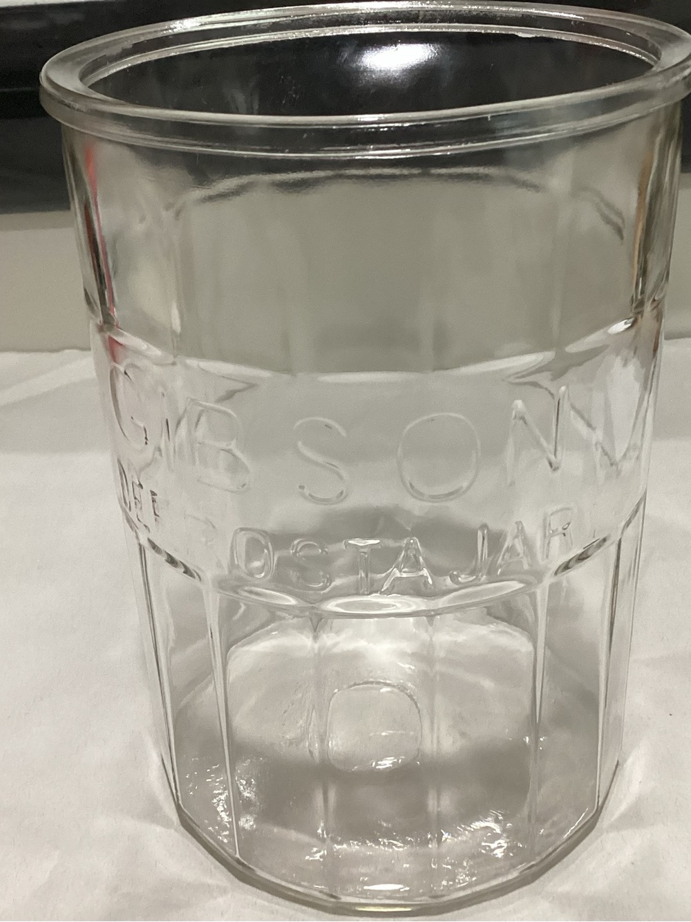 Vtg. Gibson Defrosta Jar, a heavy paneled glass jar